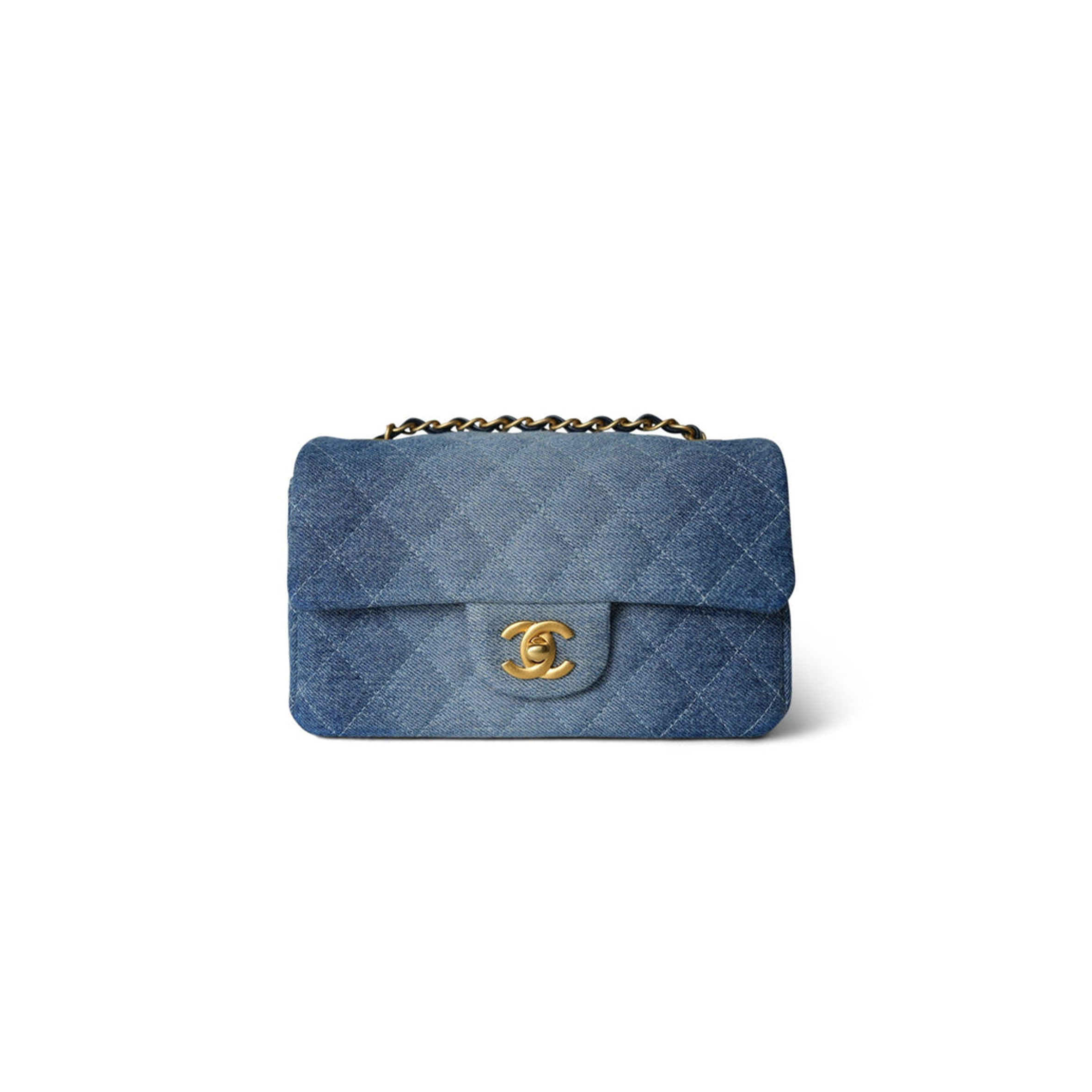 CHANEL 24S BLUE DENIM QUILTED MINI RECTANGULAR FLAP AGED AS6990 (20*12*7cm)